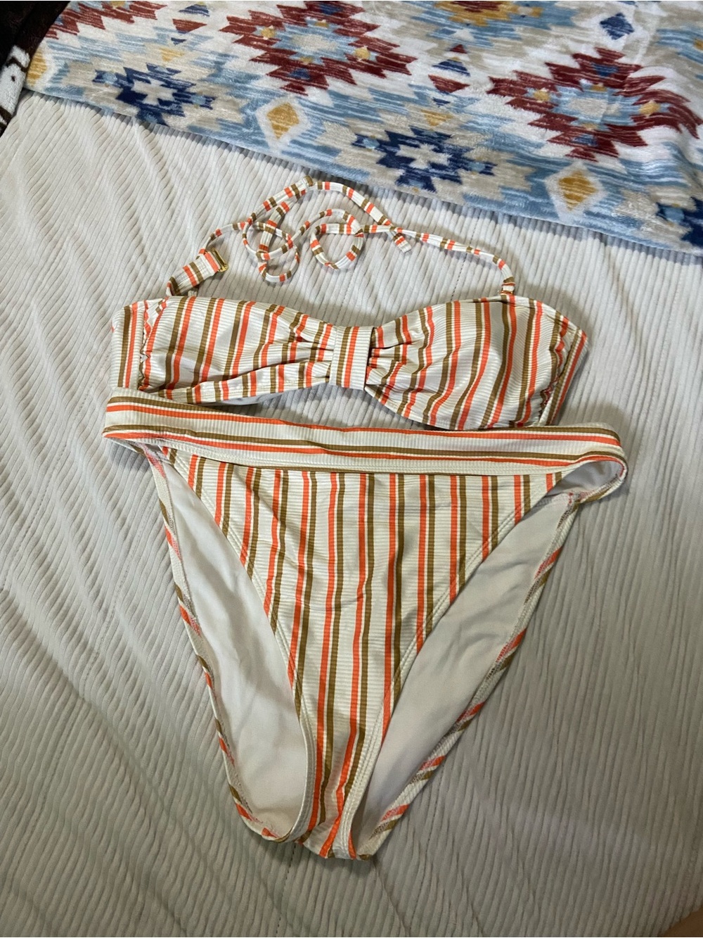 No Boundaries Orange, Green & Cream Striped womens Bikini